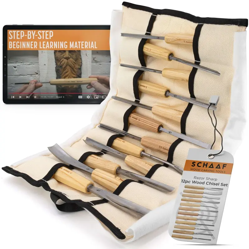 Schaaf 12-piece wood chisel set in its canvas roll