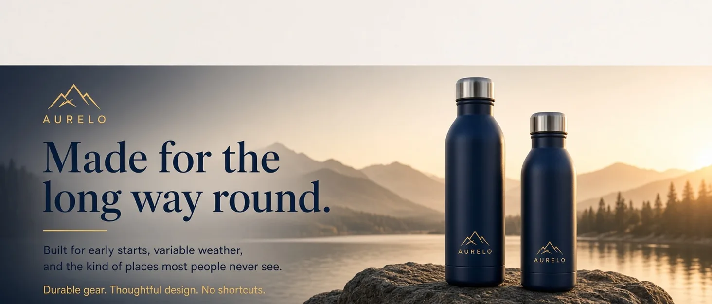 Sample brand story banner for a fictional water bottle brand, Aurelo