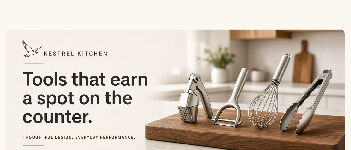 Sample brand story banner for a fictional kitchen tools brand, Kestrel Kitchen