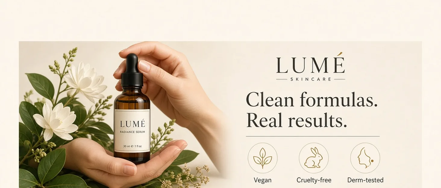 Sample brand story banner for a fictional skincare brand, LUMÉ