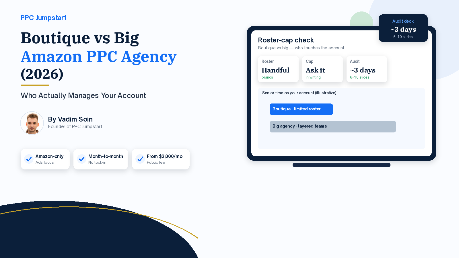 Boutique vs big Amazon PPC agency 2026 cover — who actually manages your account